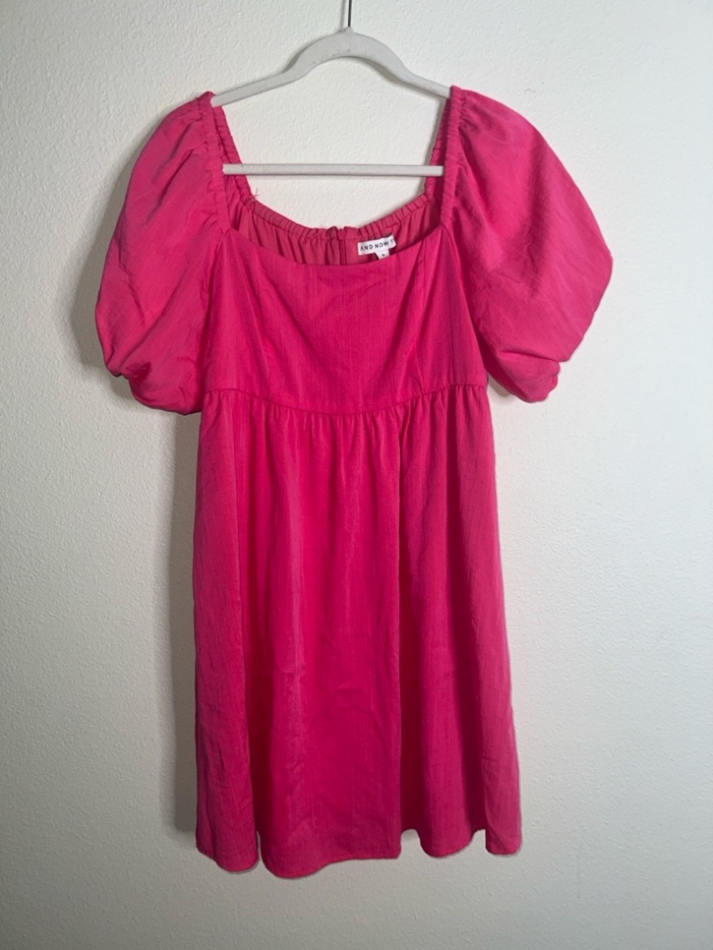 Bright Pink Puff-Sleeve Square-Neck Casual Dress